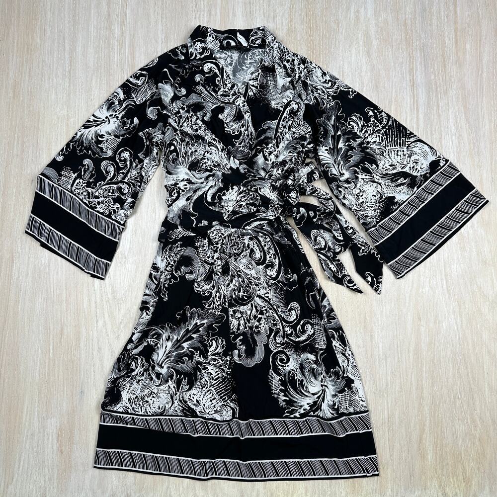 BCBGMaxazria Black White Monochrome Jersey Kimono Style Faux Wrap Dress Small